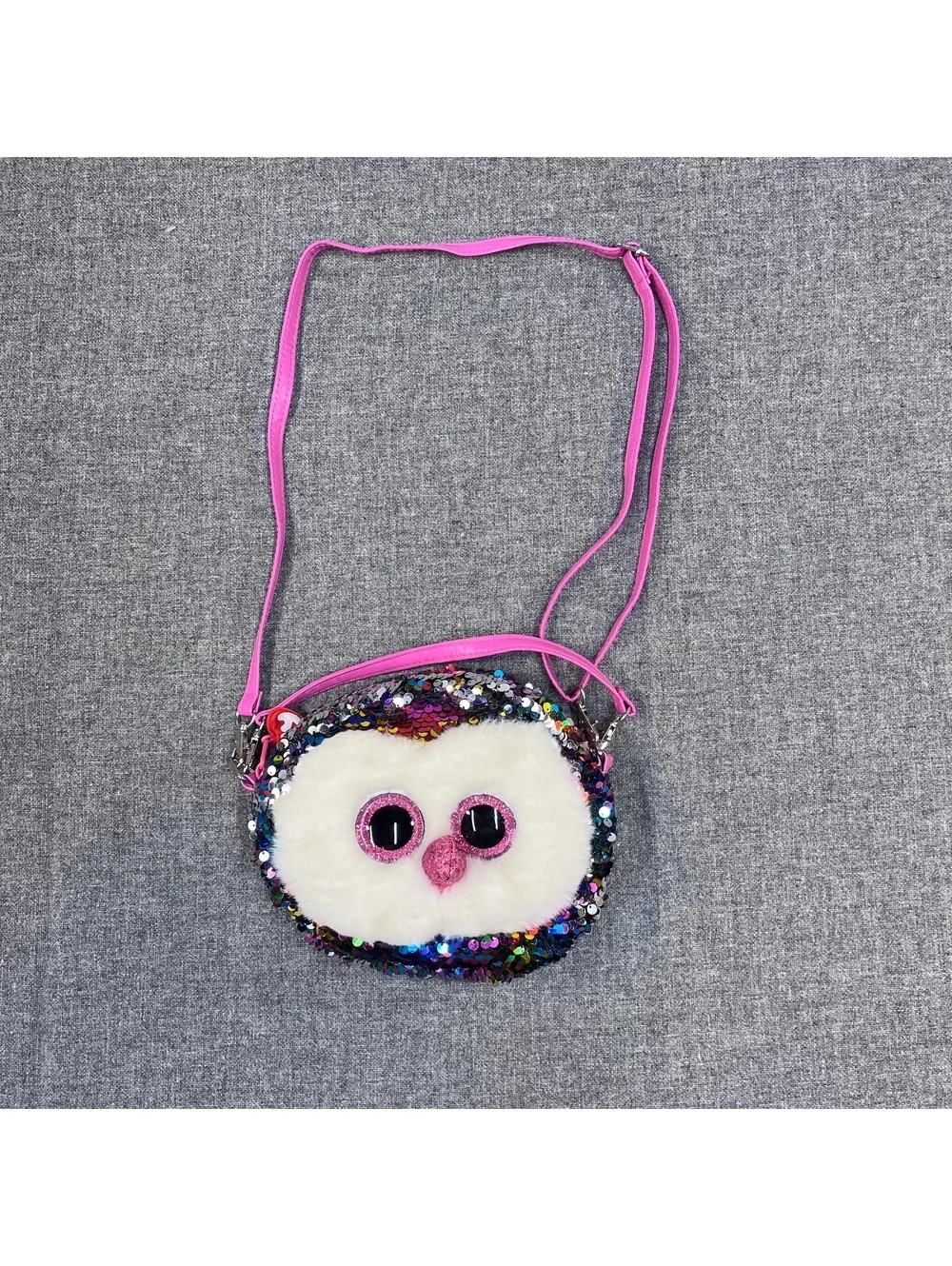 TY Beanie Boo Owl Sequin Crossbody Purse Pink Strap Plush Face Glitter Eyes